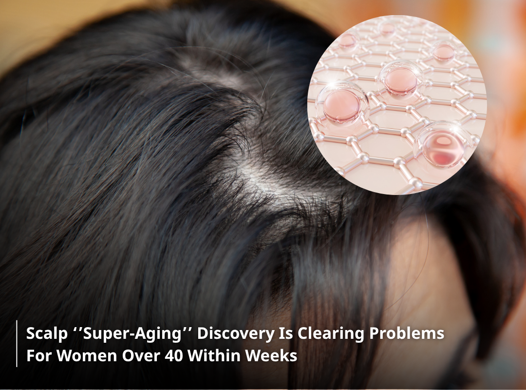 Close-up of a woman's scalp with a circular graphic overlay.