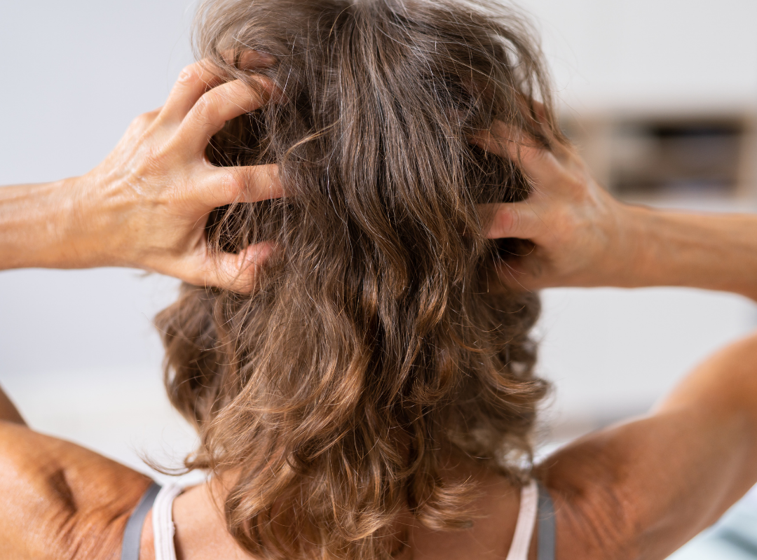 Person with hands in hair, seen from behind.