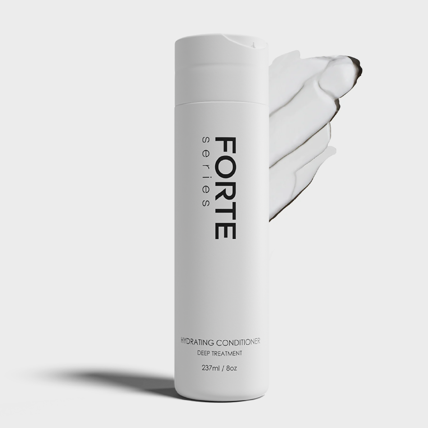 White bottle of Forte Series hydrating conditioner with cream smear.