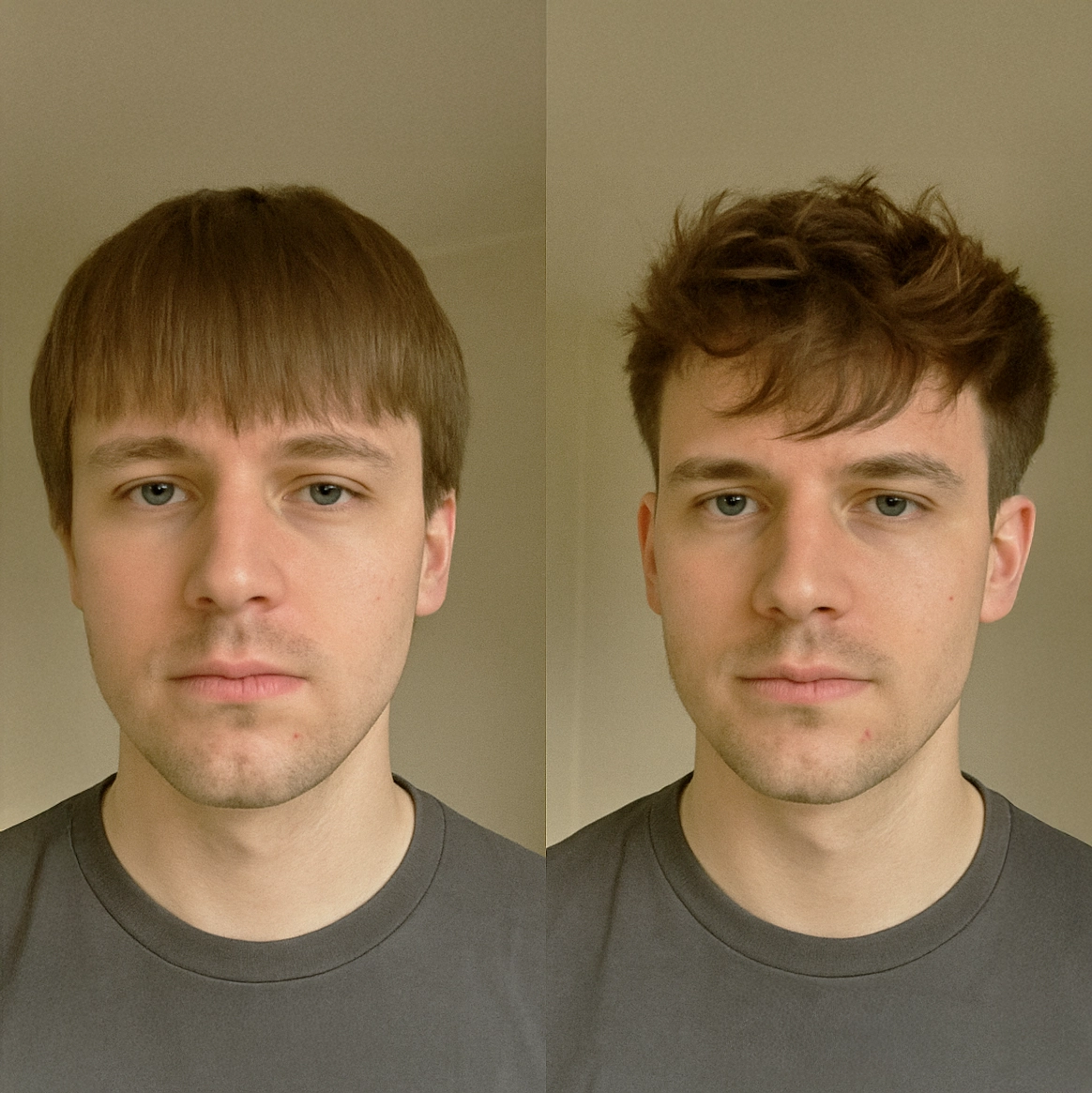 Two side-by-side portraits showing different hairstyles on the same person.