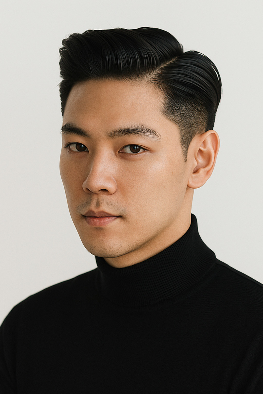 A headshot of an East Asian man with styled dark hair, wearing a black t-shirt against a white background.