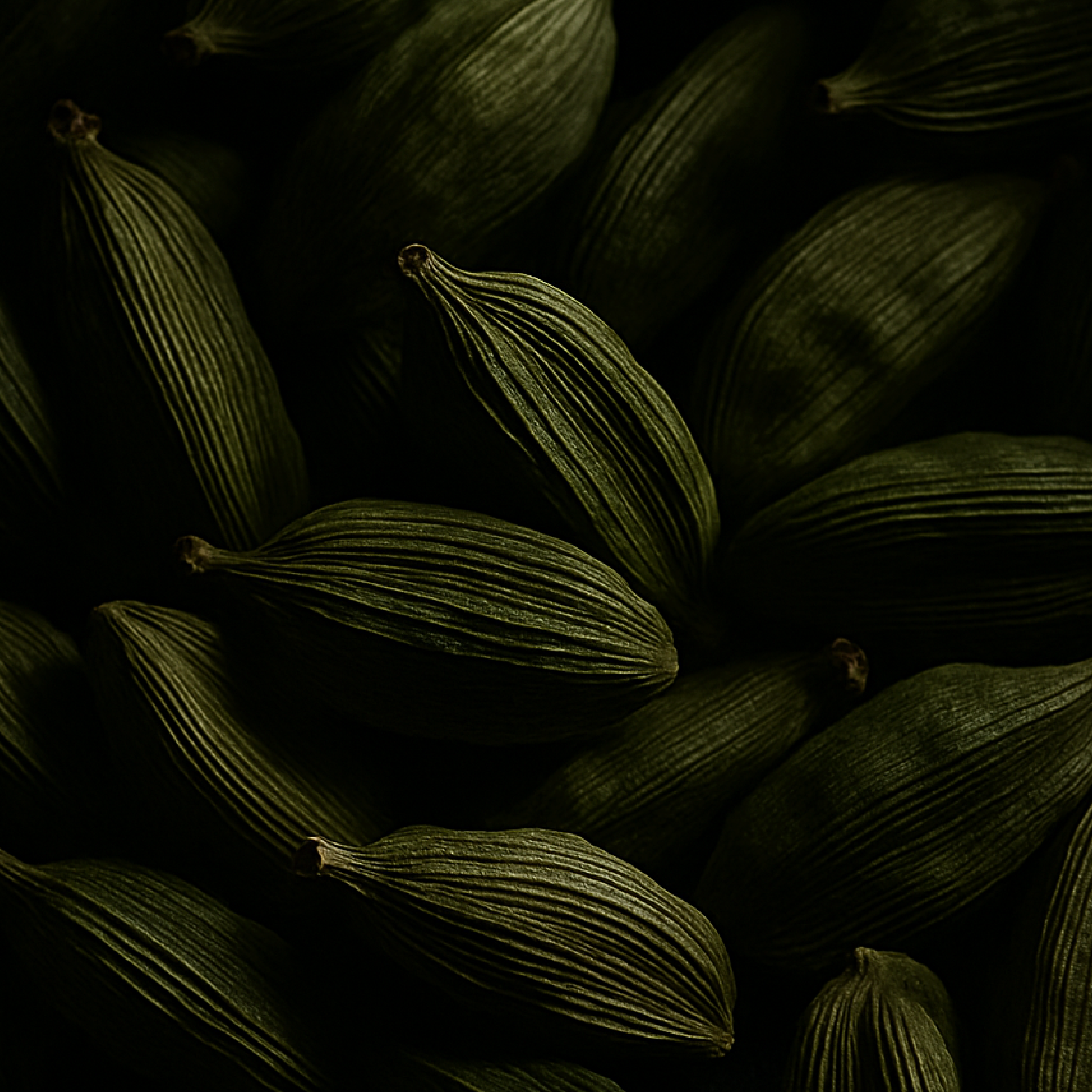 Close-up of green cardamom pods in dim lighting.