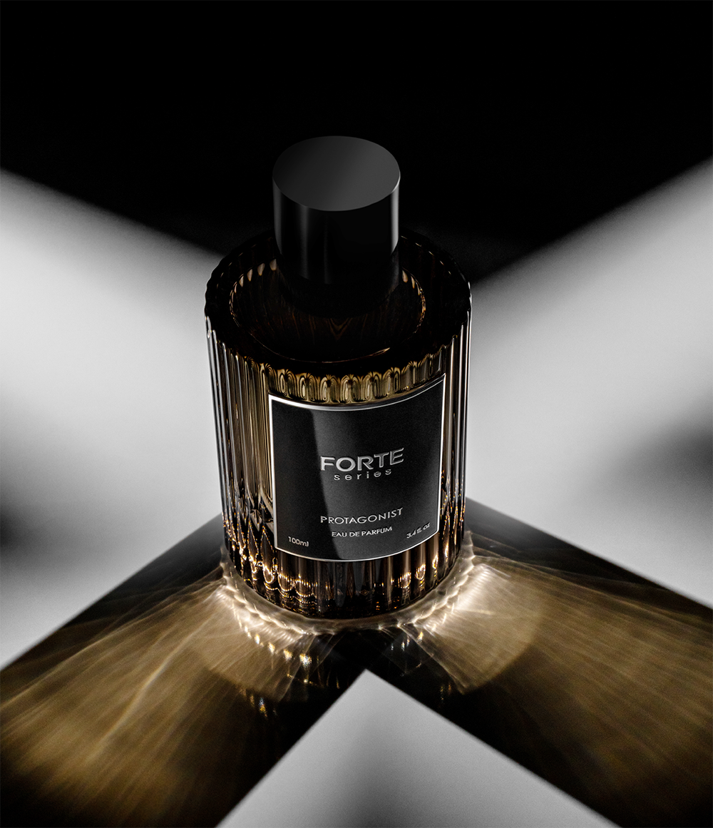 Perfume bottle with black label and cap, dramatic lighting.