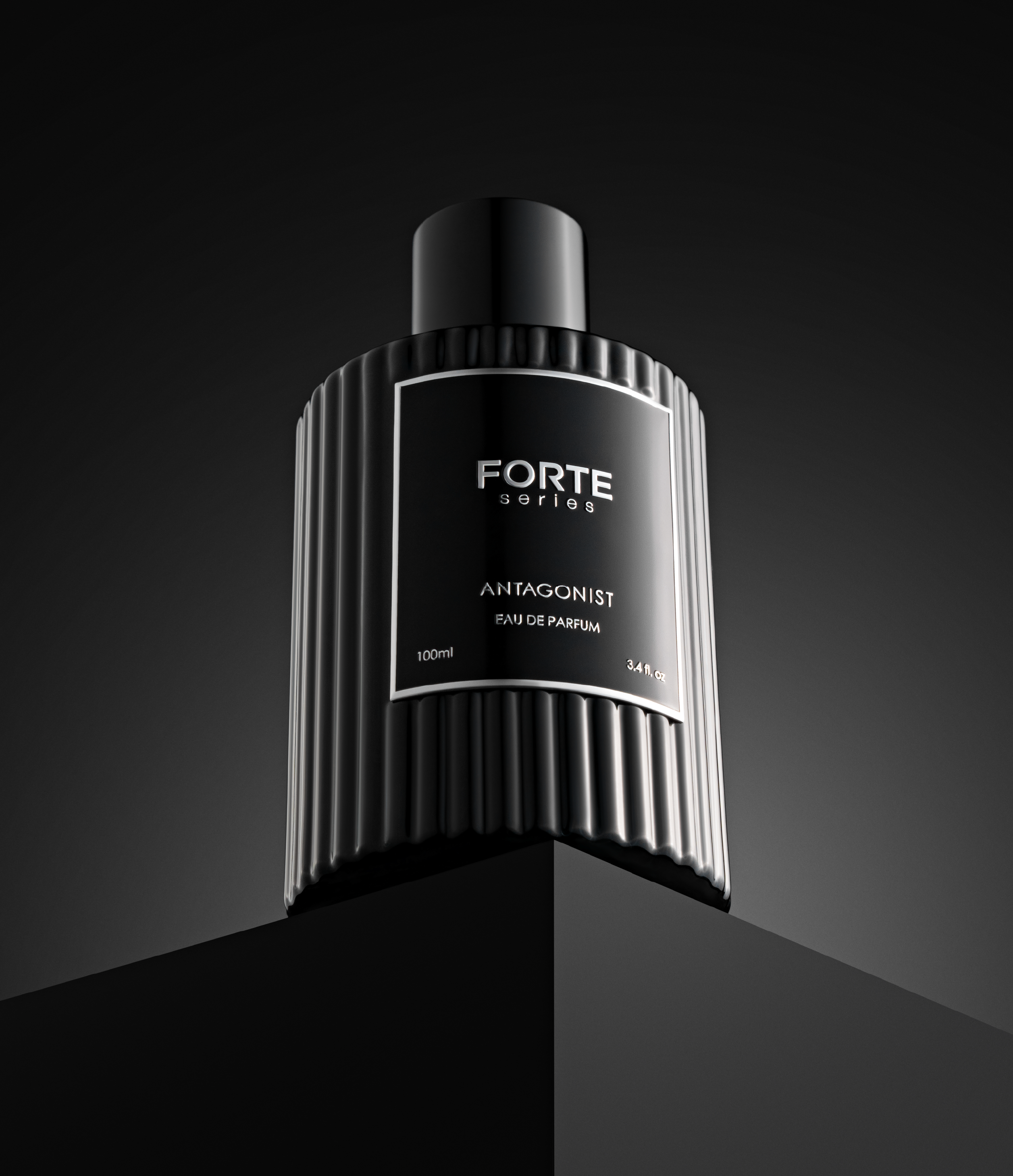 Black perfume bottle labeled 'Forte series Antagonist' on a dark background.