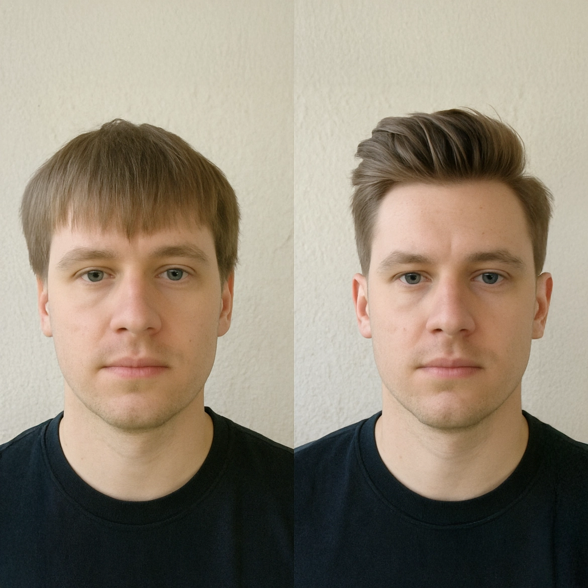 Side-by-side comparison of a man before and after a haircut.