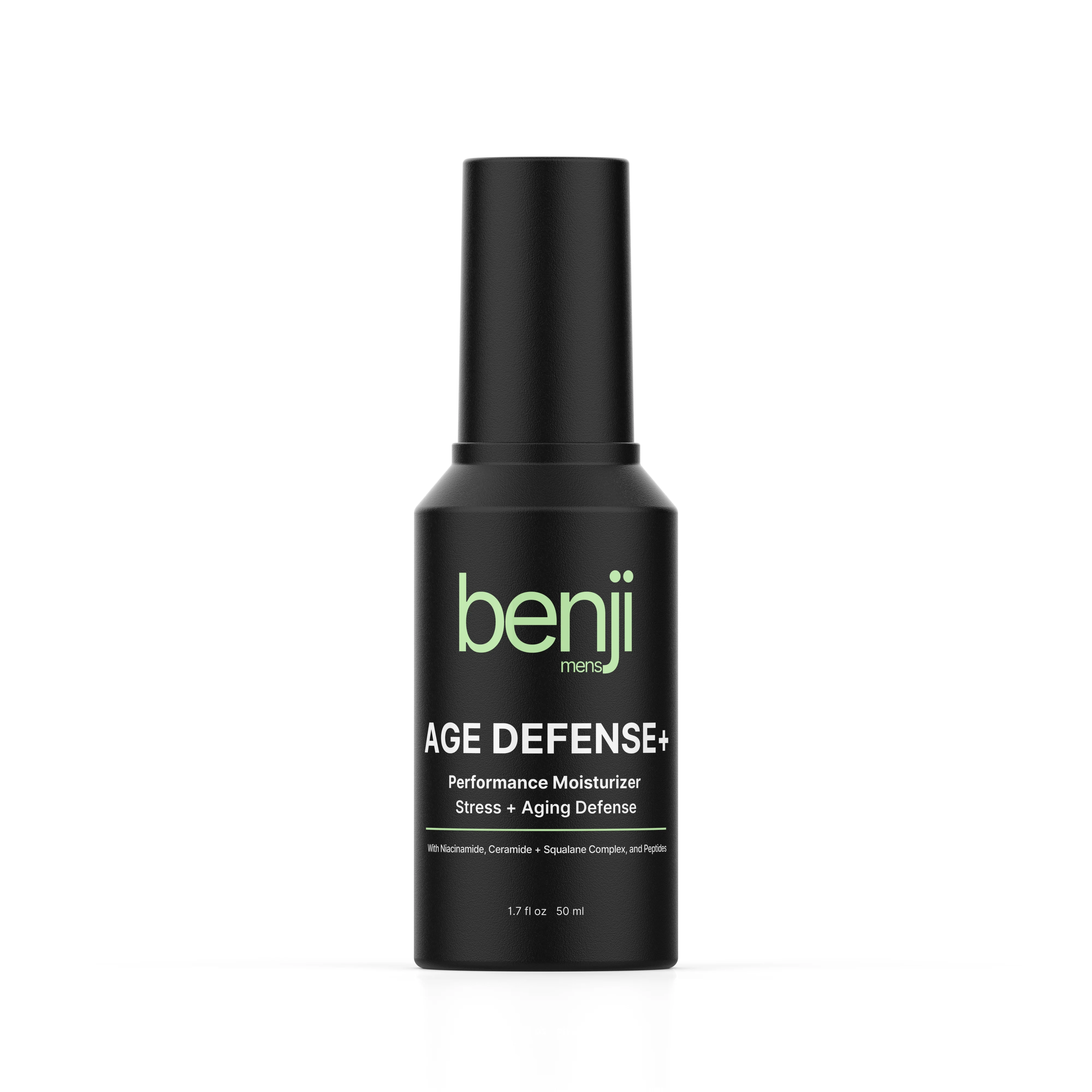 Black bottle labeled 'benji mens AGE DEFENSE+ Performance Moisturizer' against white background.