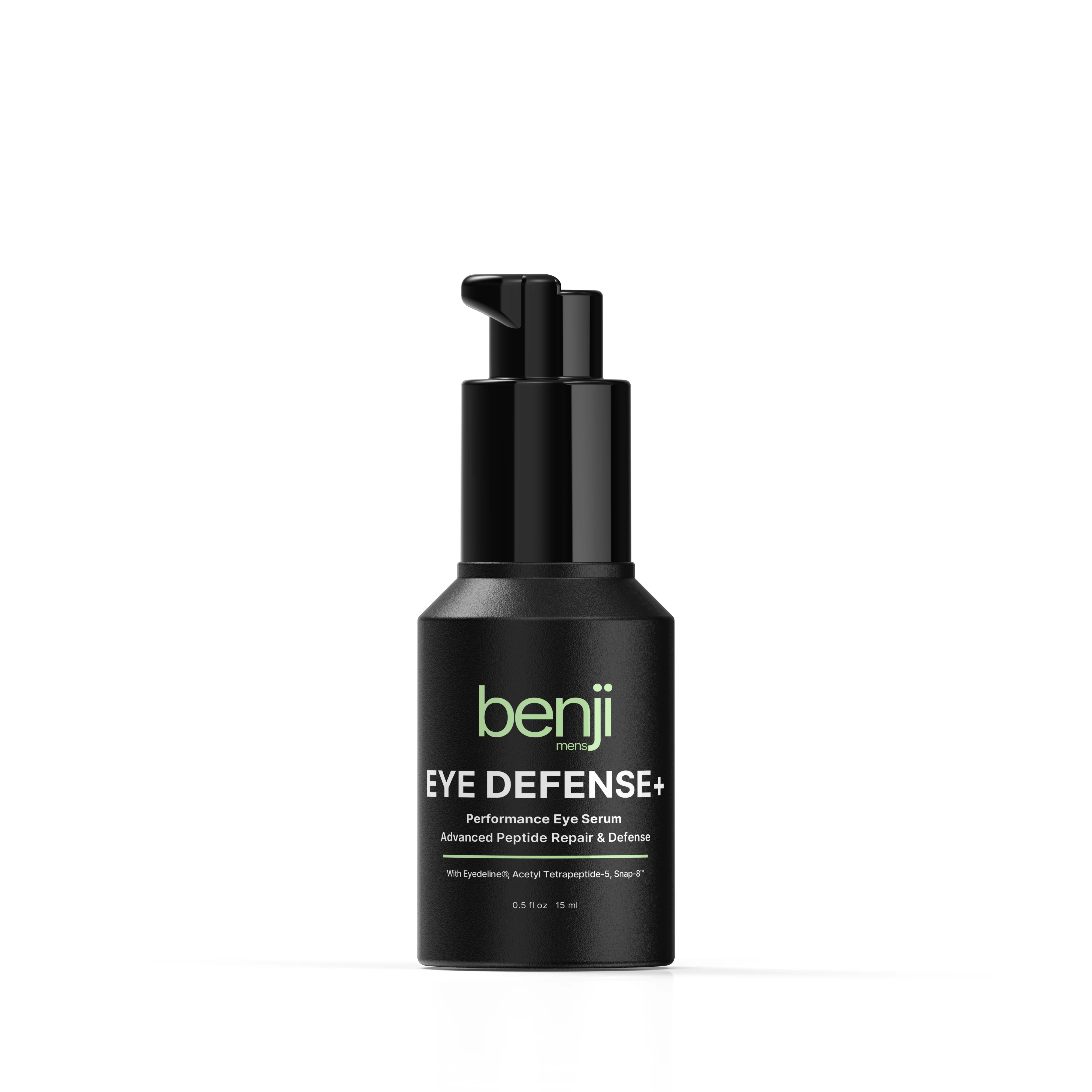 Black bottle labeled 'benji mens EYE DEFENSE+ Performance Eye Serum.'