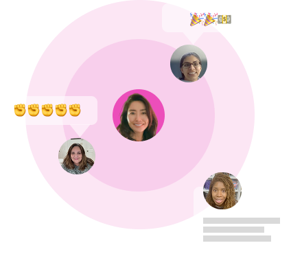 A graphic showing four women's profile pictures in a circle with chat bubbles and emoji reactions.