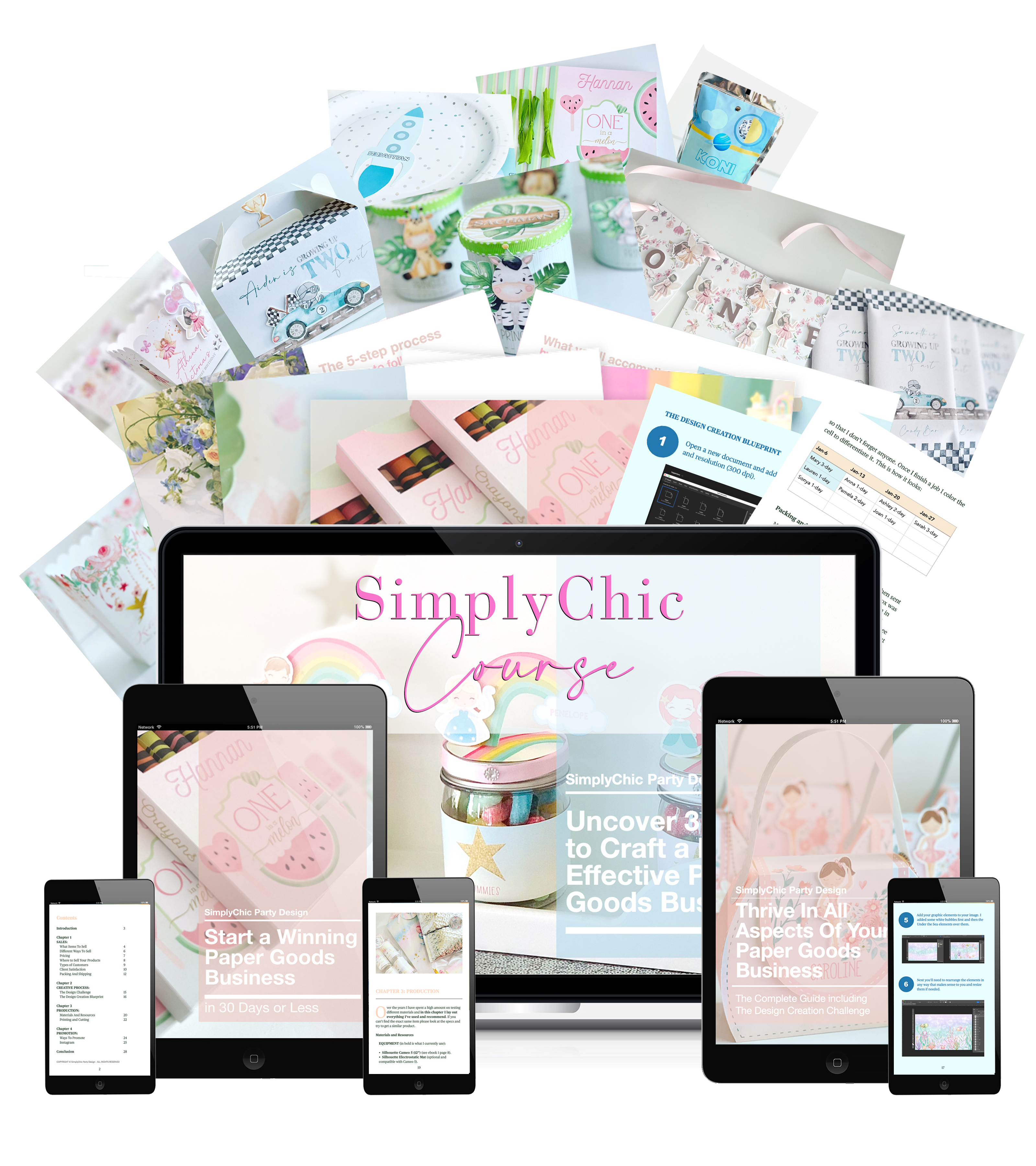 A laptop, tablets, and phones display a course, surrounded by a collage of custom party paper goods.