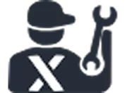 A dark grey icon of a person in a cap with straps across their chest, holding a wrench.