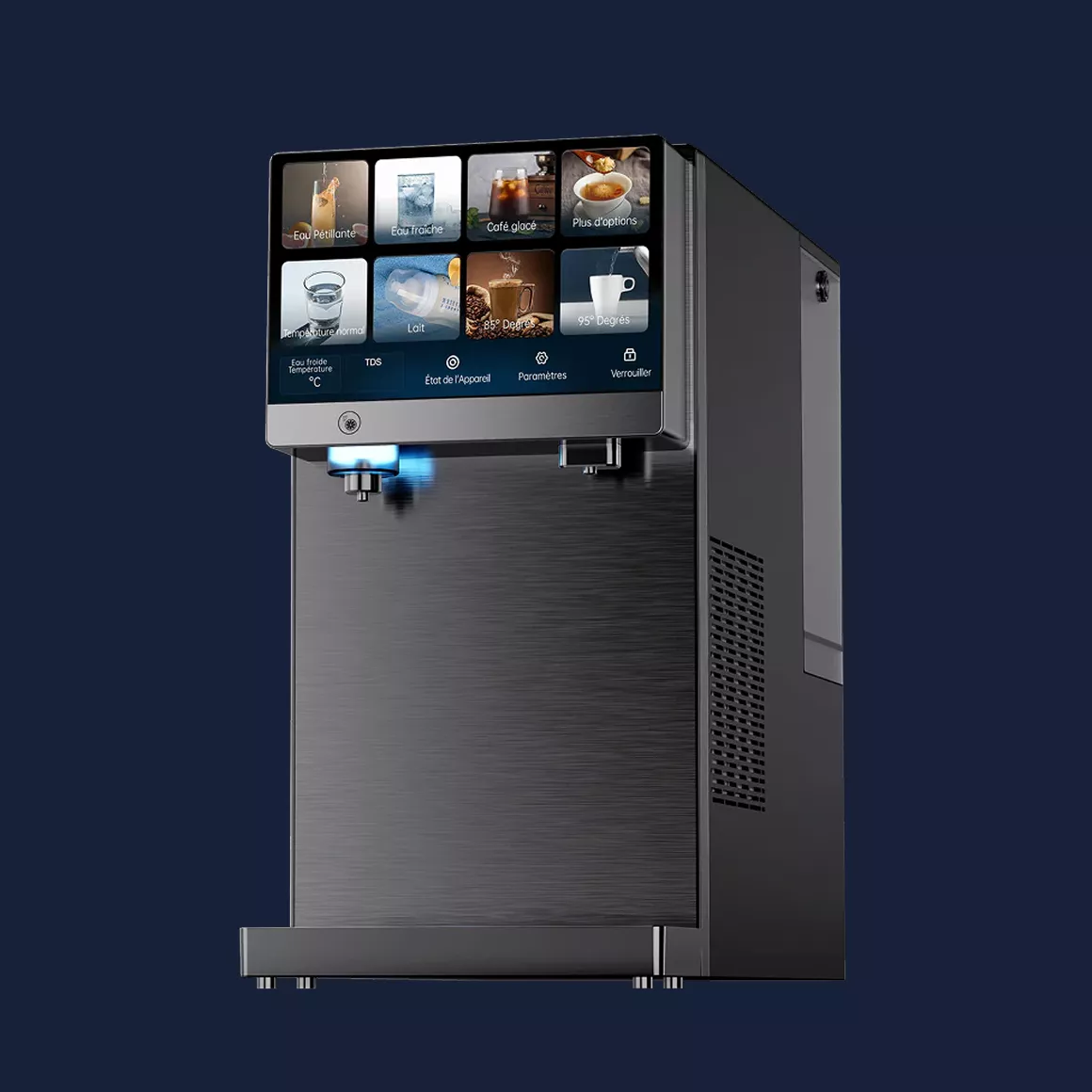 A modern, black and silver beverage dispenser with a large touchscreen interface showing various drink options.