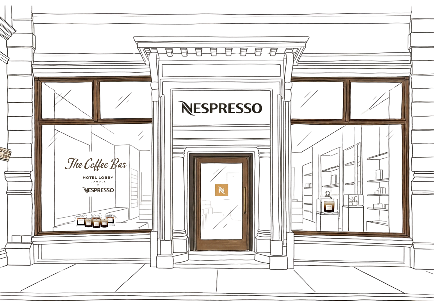 A line drawing of a Nespresso storefront featuring a Hotel Lobby Candle collaboration in the window.