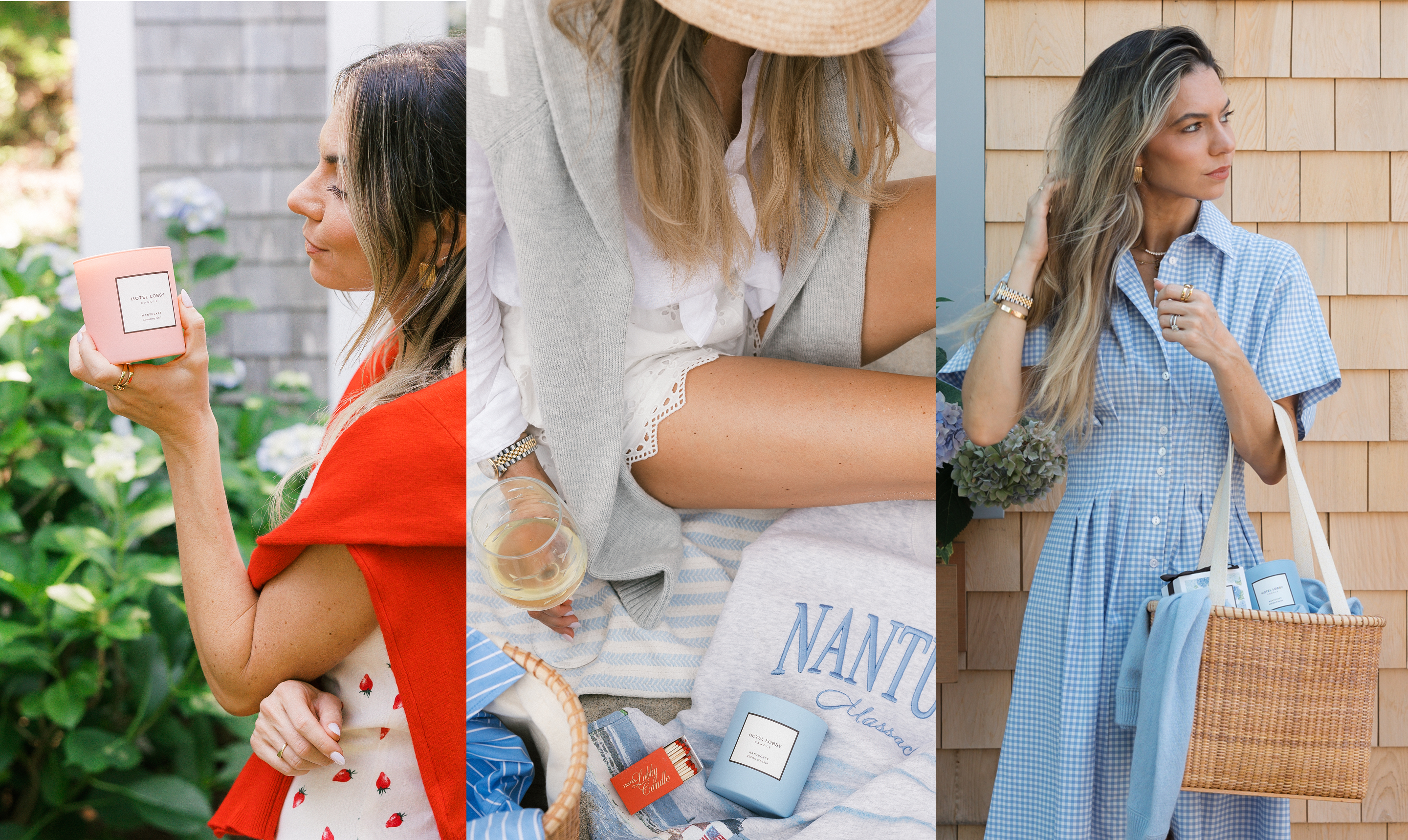 A collage of a woman in three different summer scenes, holding candles and a picnic basket.