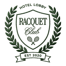 An embroidered logo for the Hotel Lobby Racquet Club, featuring a crest with a laurel wreath and tennis racquets.