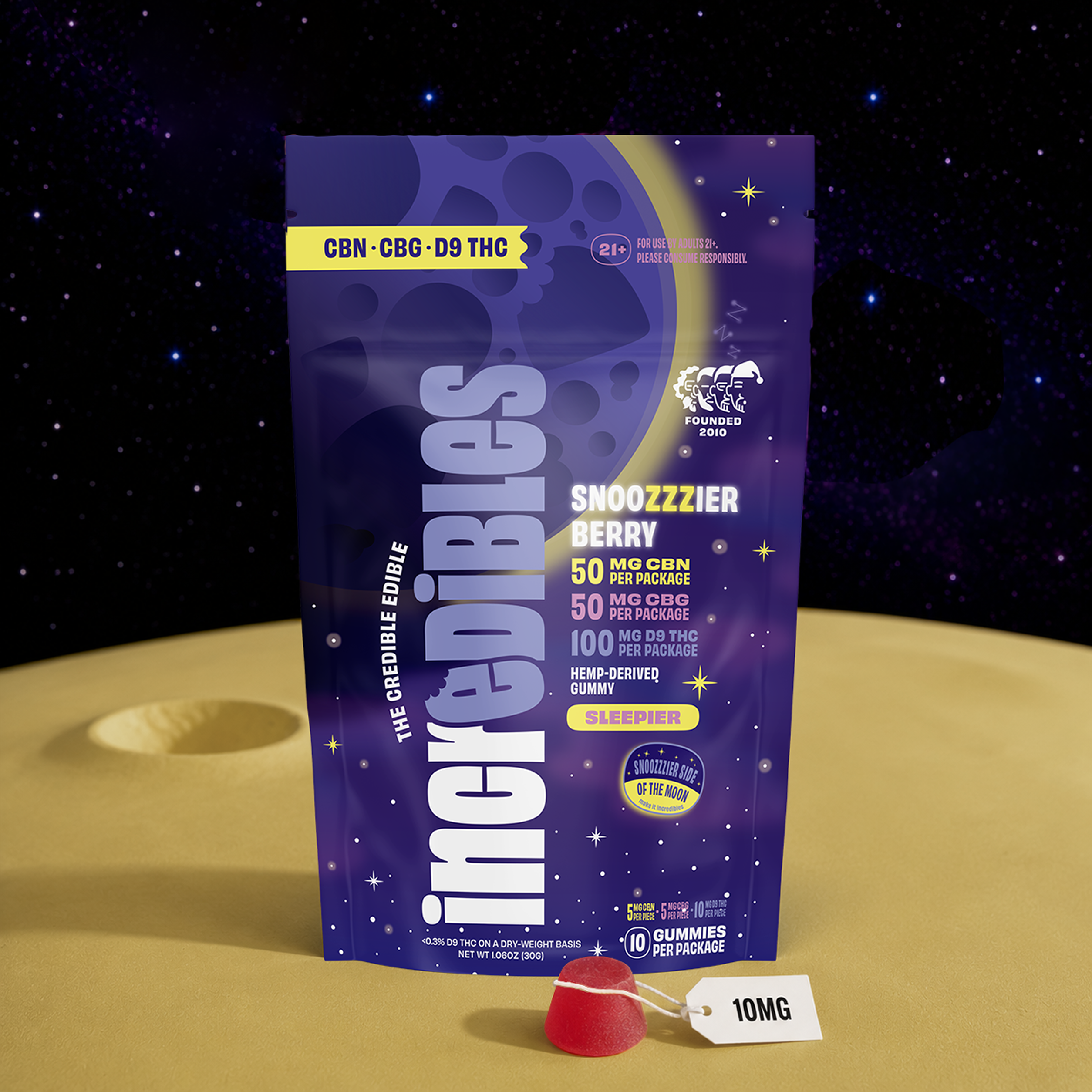 A purple pouch of Incredibles Snoozzzier Berry gummies sits on a moon-like surface with a single gummy.