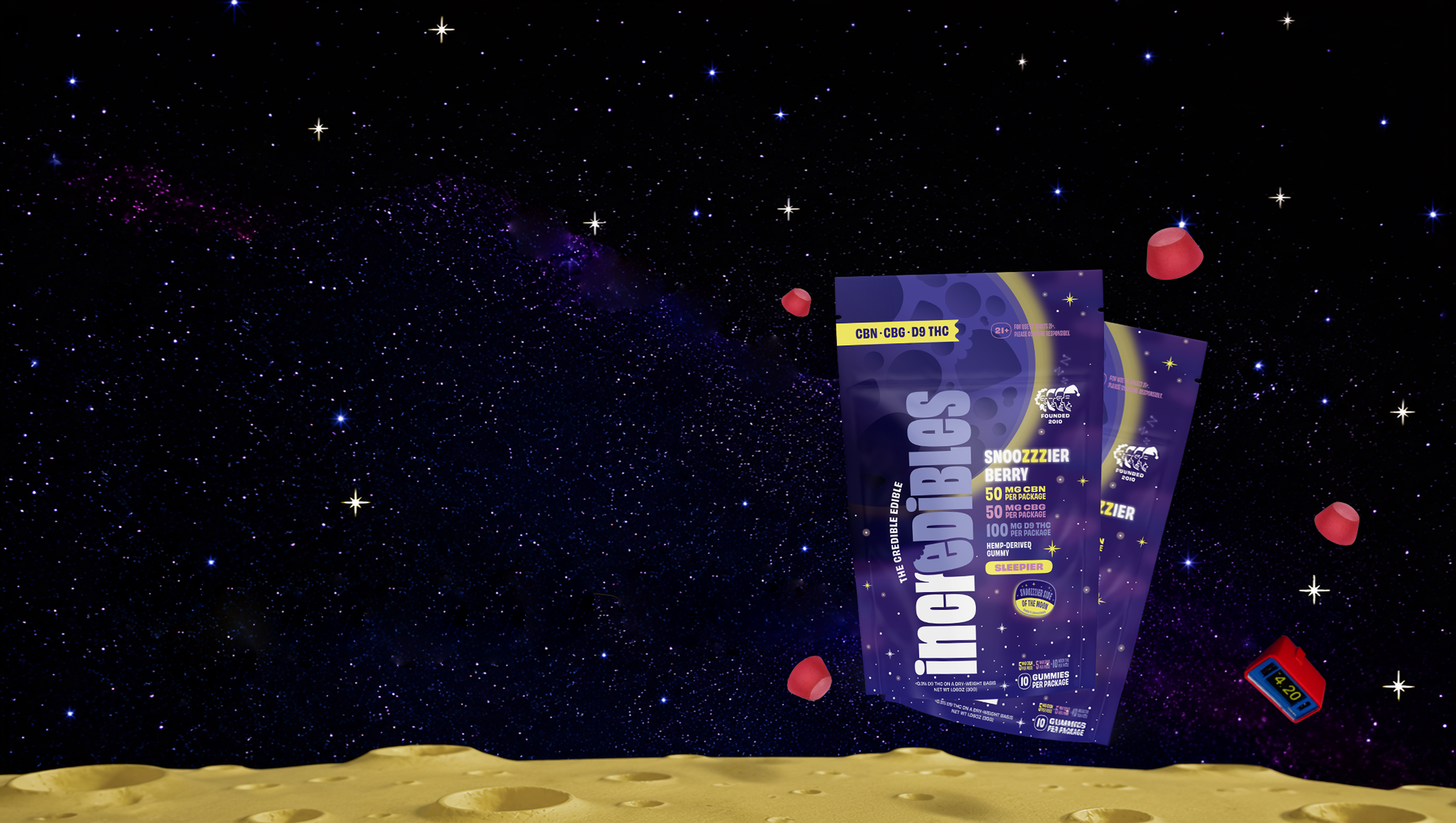 Two purple pouches of edibles floating in space above the moon with red gummies and a digital clock.