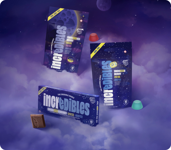 Three packages of incredibles edibles—two gummies, one chocolate bar—floating in a dreamy, purple, cloudy night sky.