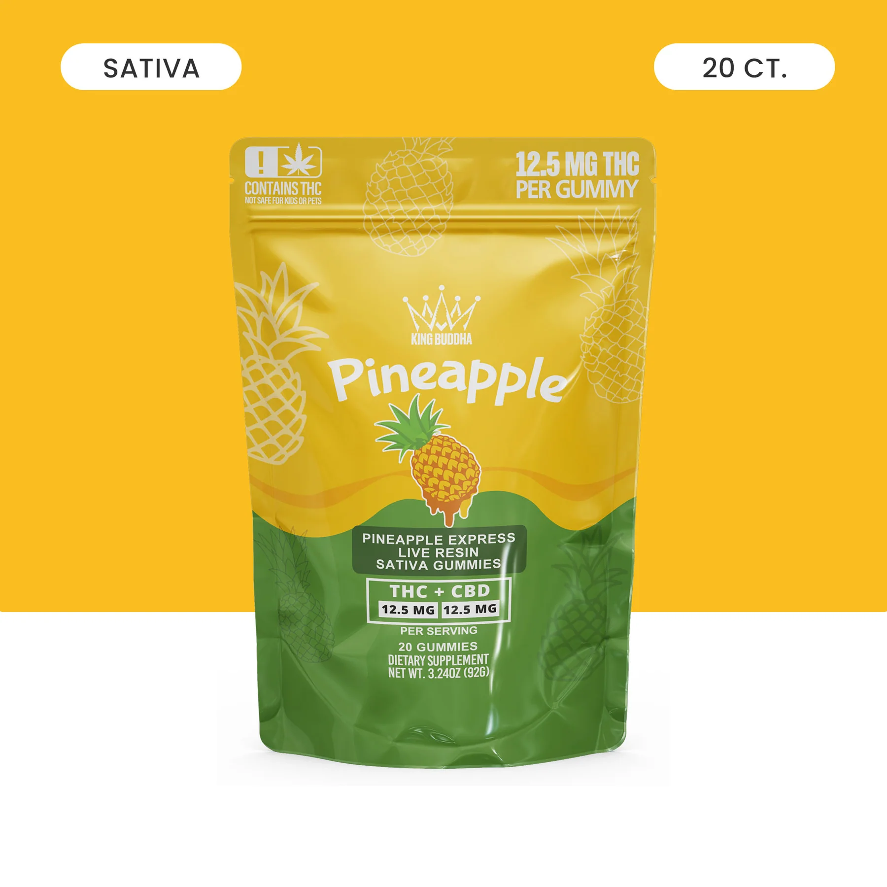 Pineapple-flavored sativa gummies package with THC and CBD content displayed.