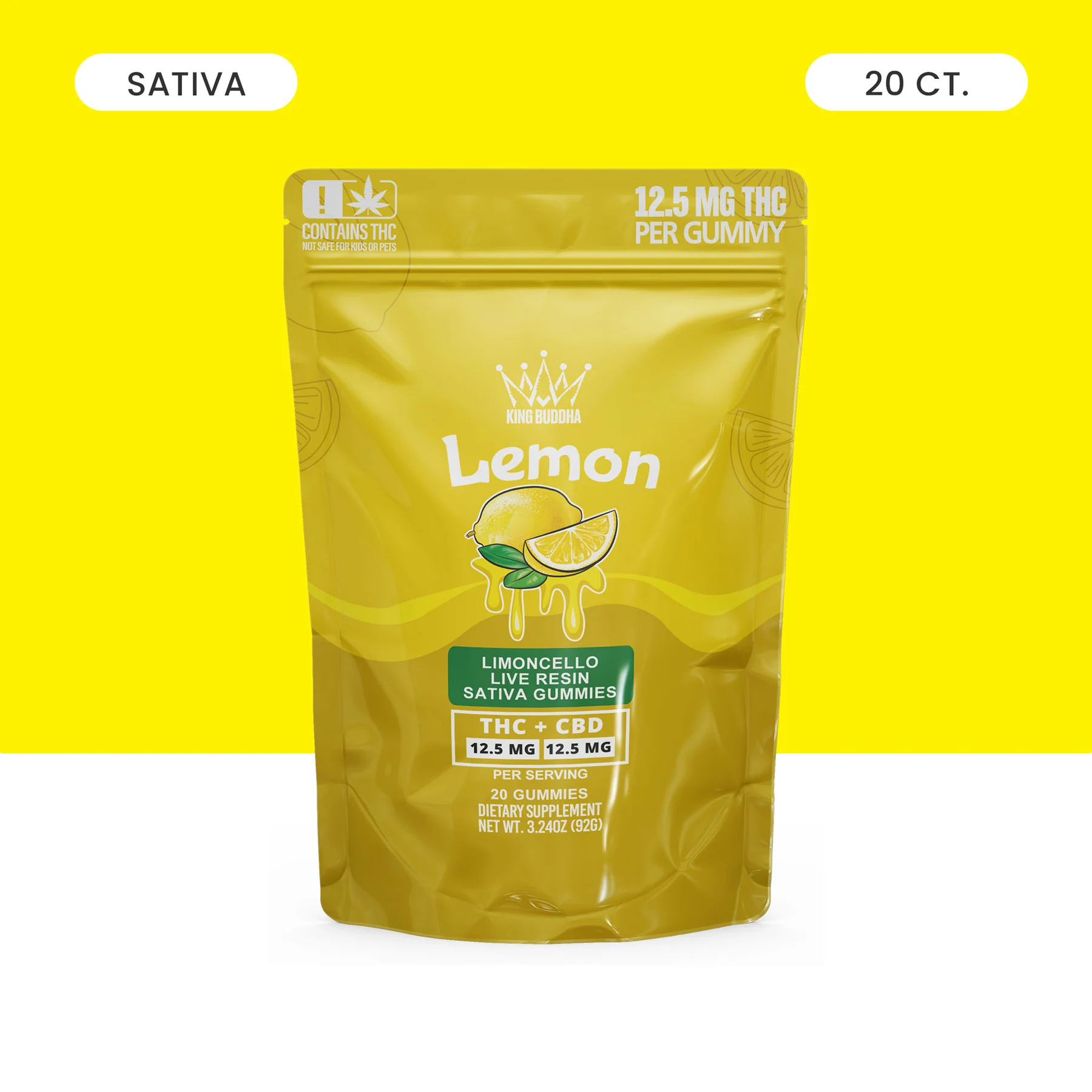 Yellow package of Lemon THC and CBD gummies with lemon illustration.