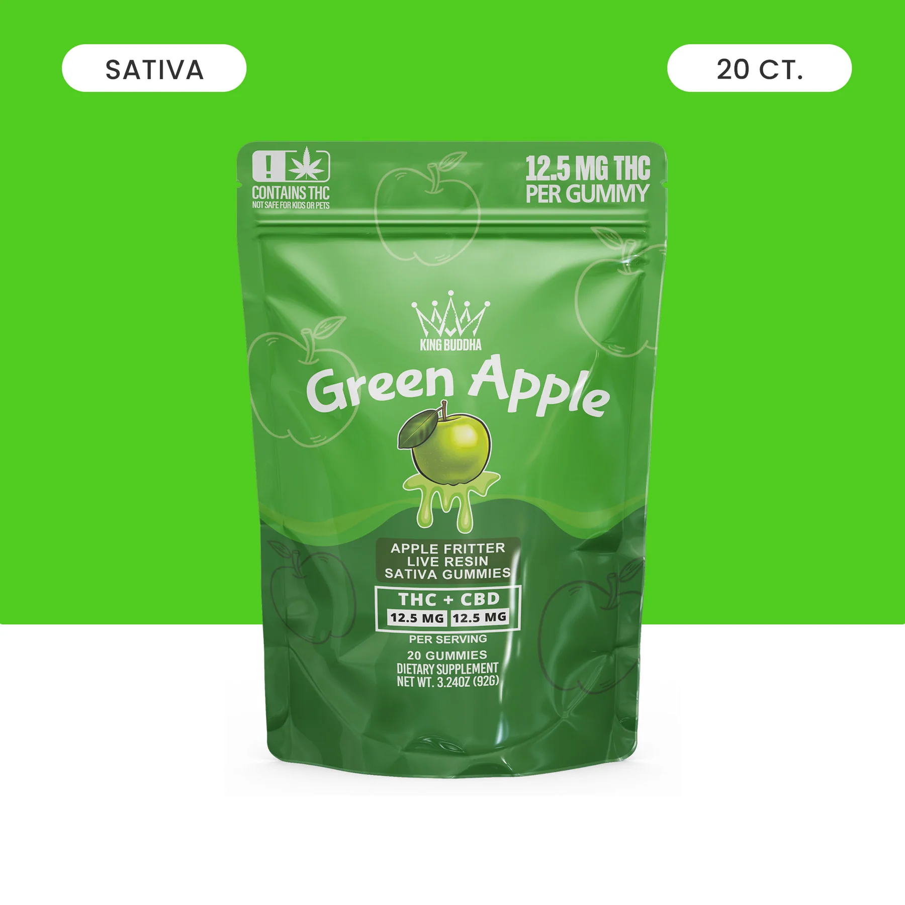 Green pouch of King Buddha Green Apple sativa gummies with THC and CBD.