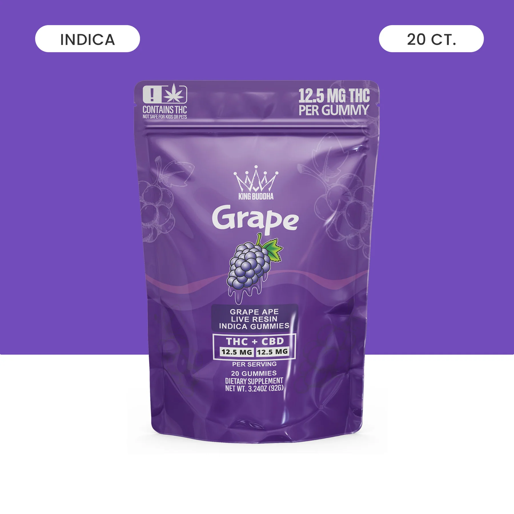 Purple bag of indica gummies labeled grape with THC and CBD content.