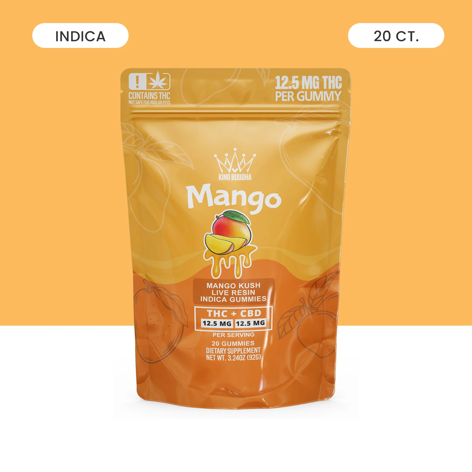 Orange bag of Mango Indica Live Resin Gummies, THC and CBD content labeled.
