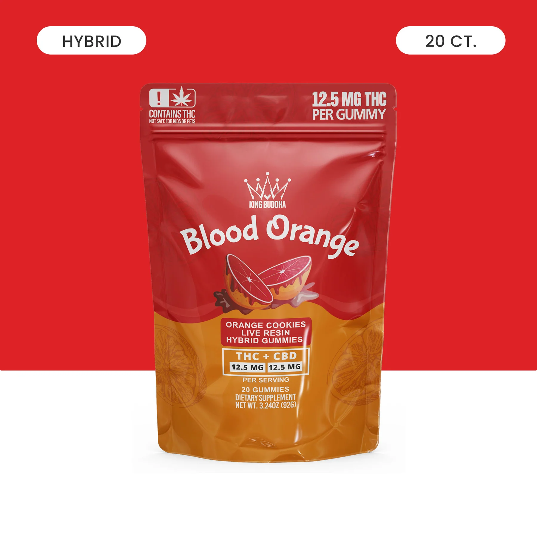 Blood Orange THC and CBD gummies package with hybrid label on a red background.
