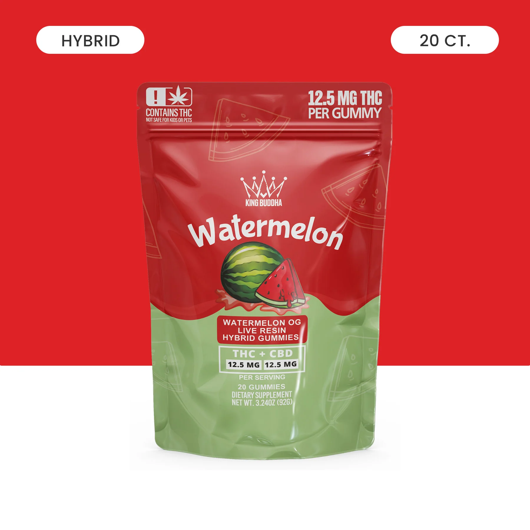 Package of watermelon-flavored THC gummies with a red and green design.