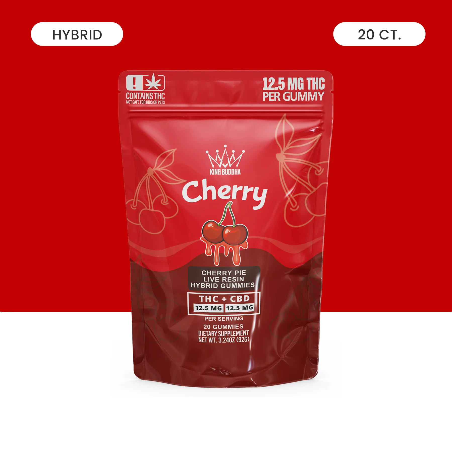 Red package of cherry hybrid THC gummies, 20 count, with cherry graphics.