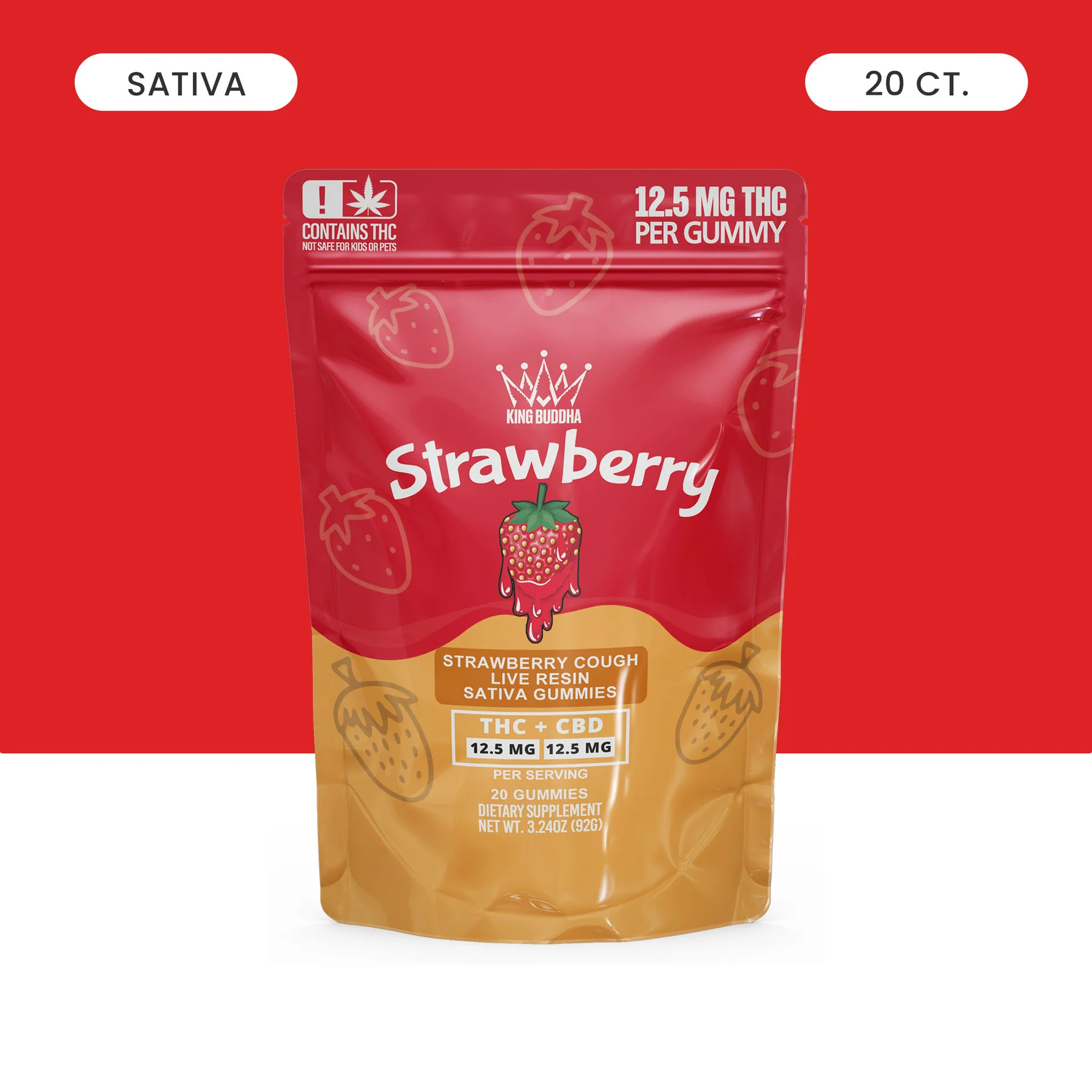Red and brown strawberry gummy packaging with THC and CBD information.