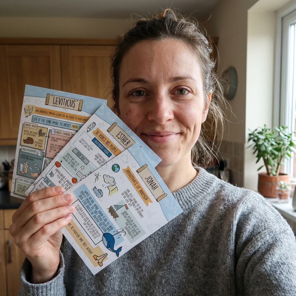 Person holding illustrated cards titled Leviticus, Esther, and Jonah in a kitchen setting.