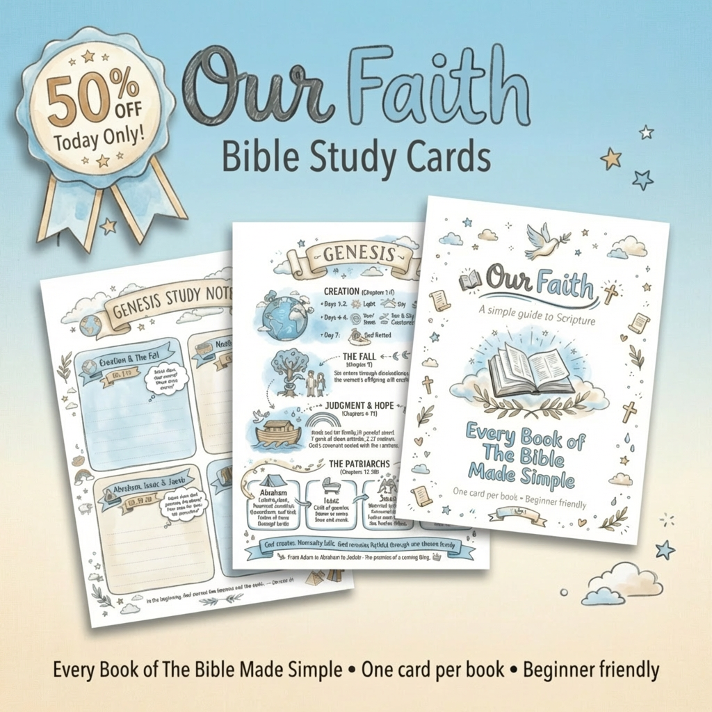 An advertisement for 'Our Faith Bible Study Cards,' showing three illustrated example cards with notes on Genesis.