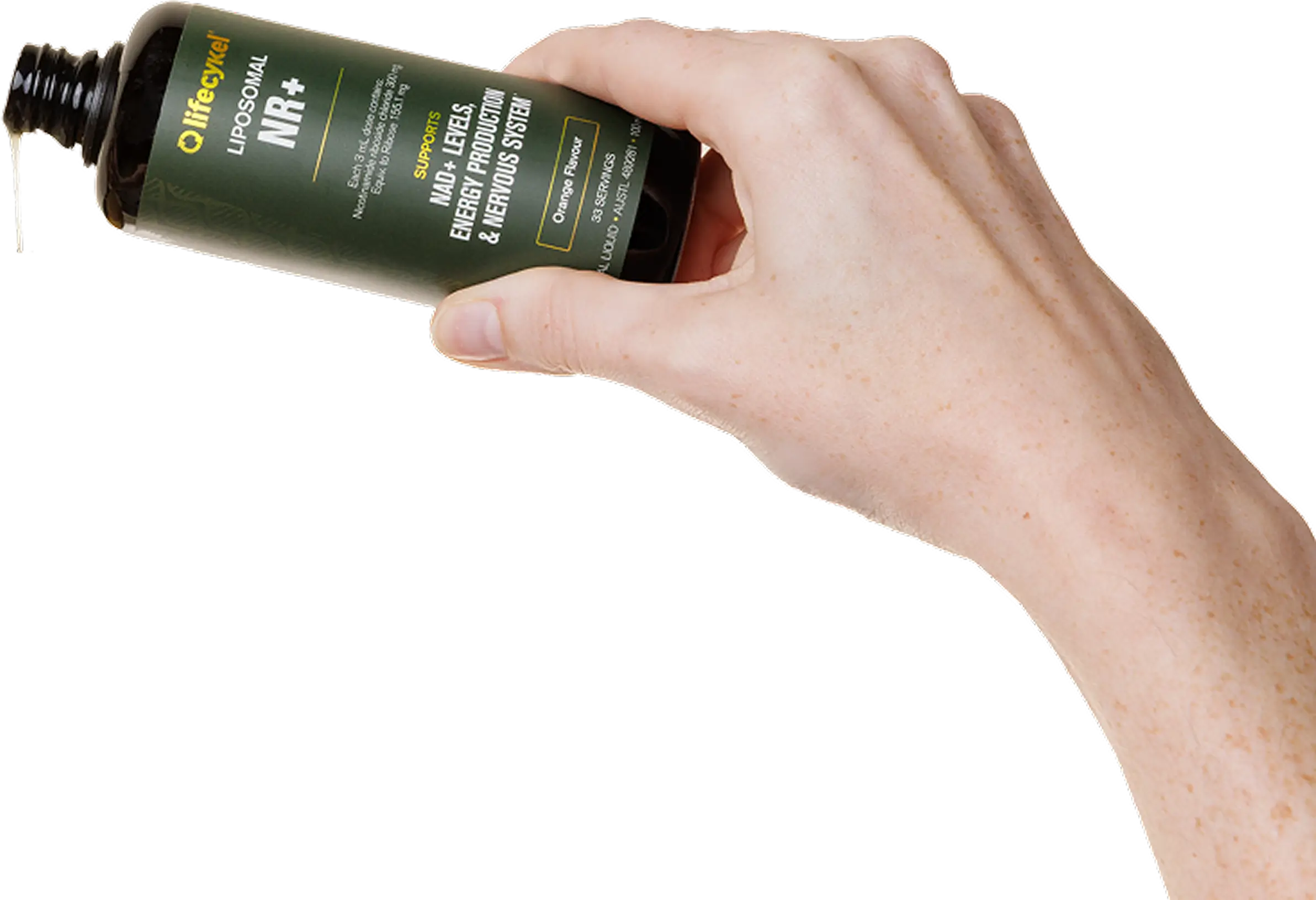 A hand holds a bottle of Liposomal NR+ with a drop of white liquid coming out.
