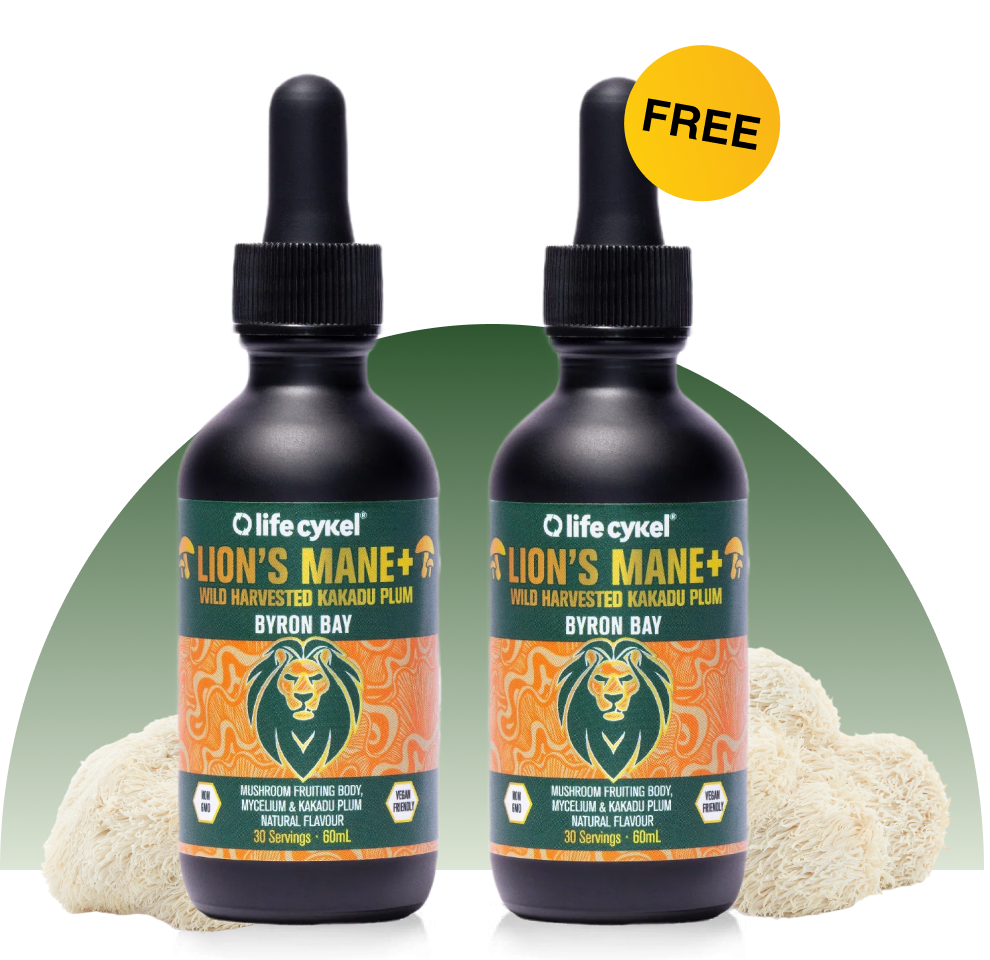 Two bottles of Lion's Mane supplement with a 'FREE' tag in the corner.