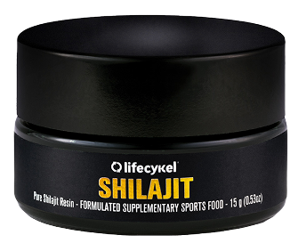 Black container labeled 'Shilajit' by Lifecykel; formulated supplementary sports food.