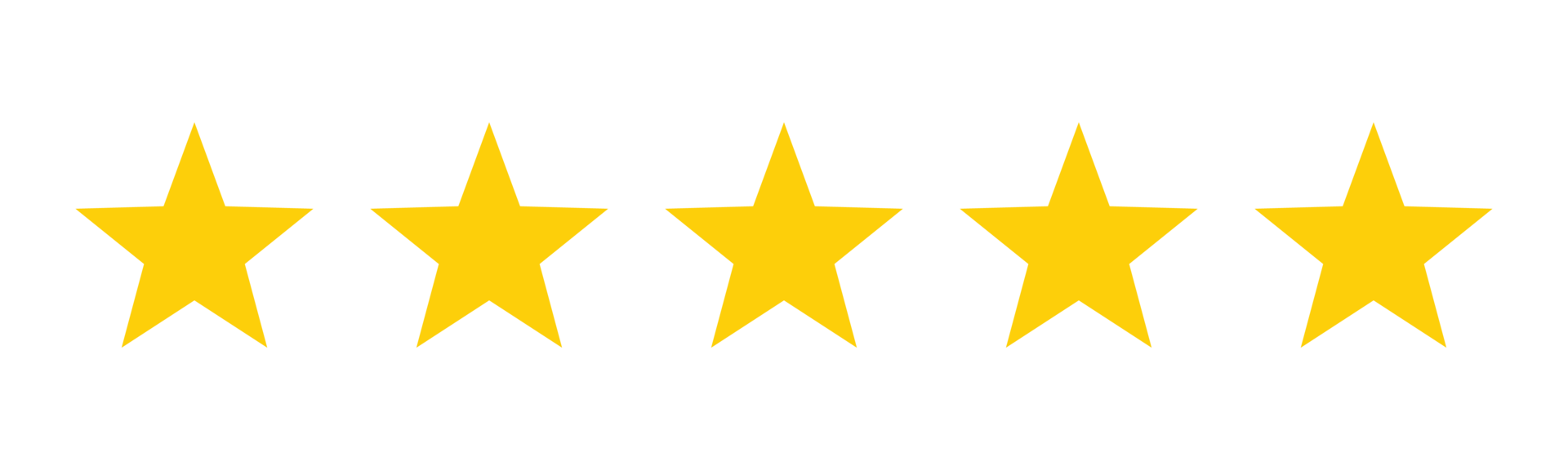 Five yellow stars in a row on a transparent background.