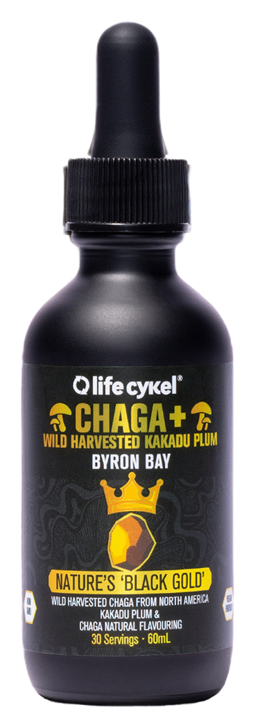 Black dropper bottle labeled 'Chaga+ Wild Harvested Kakadu Plum Byron Bay Nature's Black Gold'.