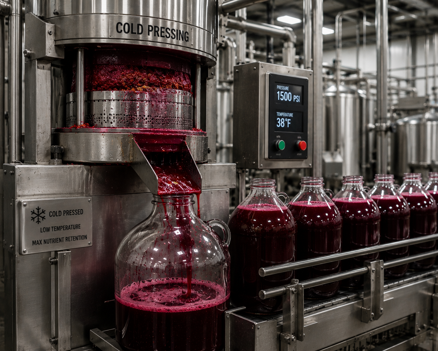 An industrial cold press machine dispenses red juice into a line of large glass jugs.