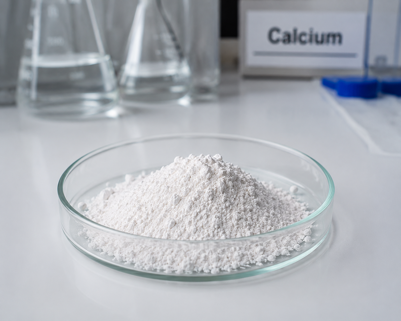 A petri dish of white calcium powder on a lab bench, with beakers in the background.