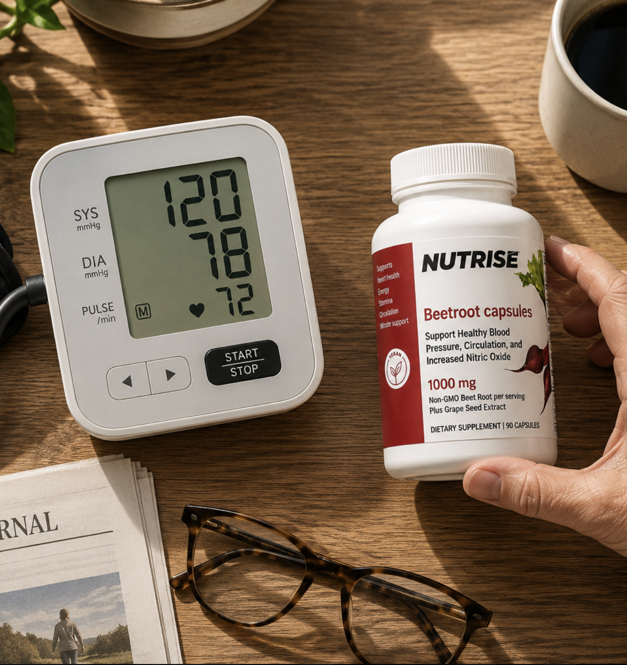 A hand holds a bottle of beetroot capsules next to a blood pressure monitor on a wooden desk.