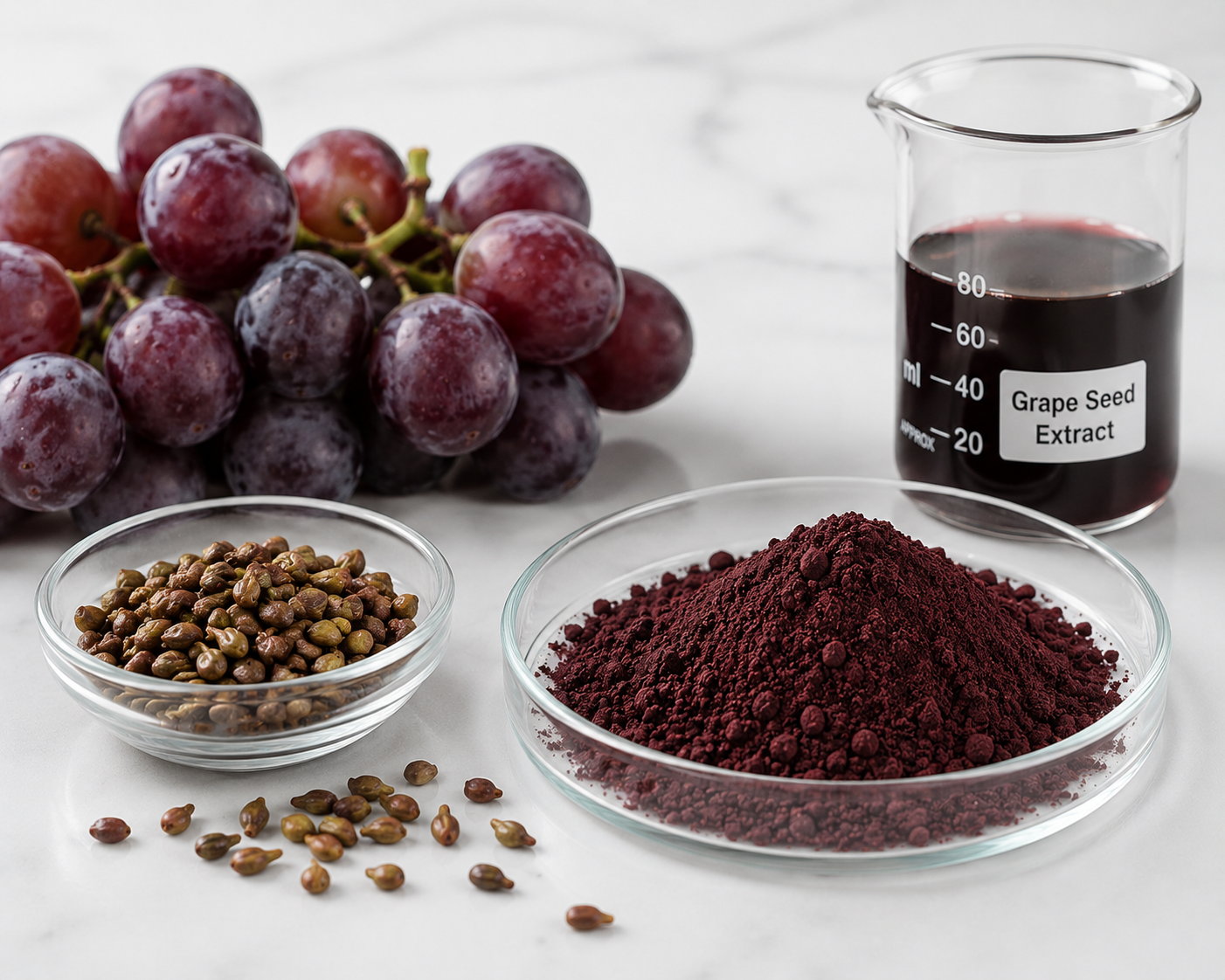 Grapes, grape seeds, grape seed powder, and a beaker of grape seed extract on a marble surface.