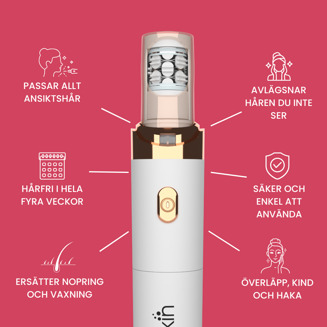 An electronic facial hair remover with icons and text in Swedish explaining its features on a pink background.