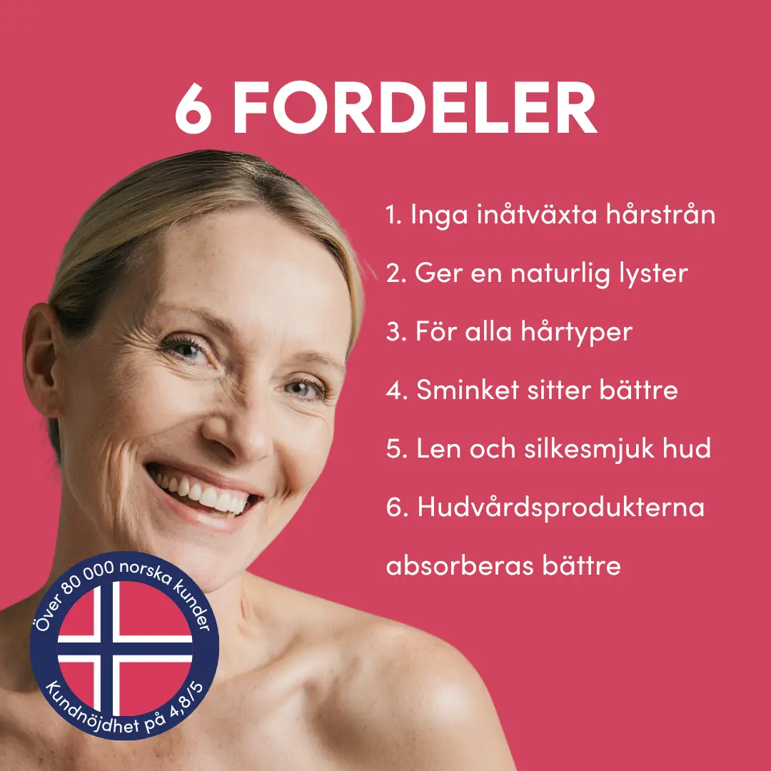 A smiling blonde woman on a pink background next to a numbered list in a foreign language.
