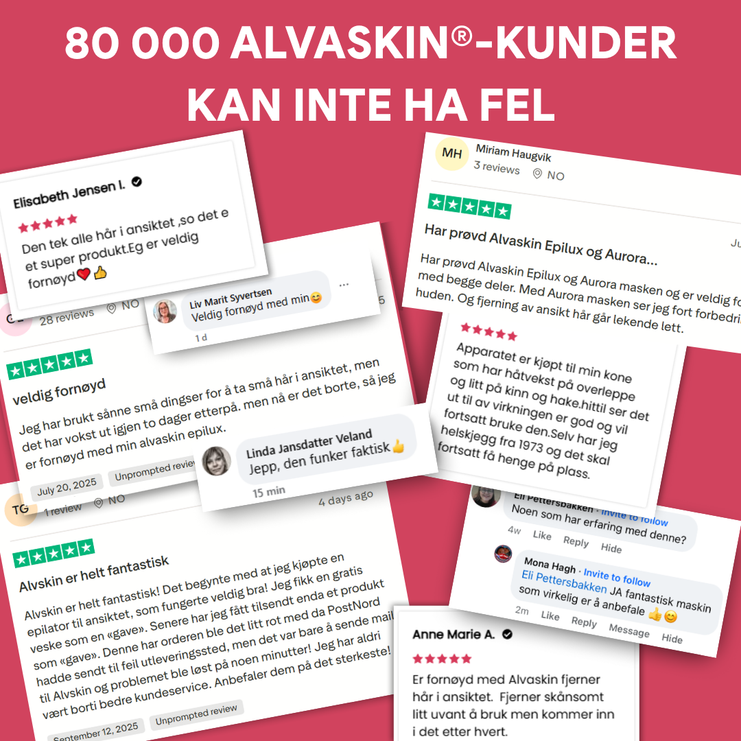 A collage of positive customer reviews in Norwegian for a product called Alvaskin on a pink background.