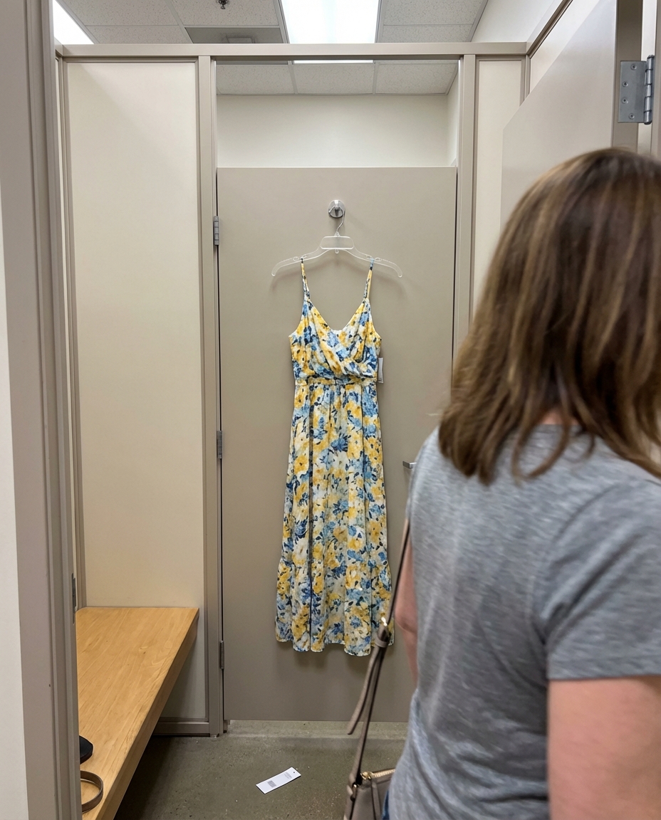 A woman with her back to the camera looks at a yellow and blue floral dress in a fitting room.