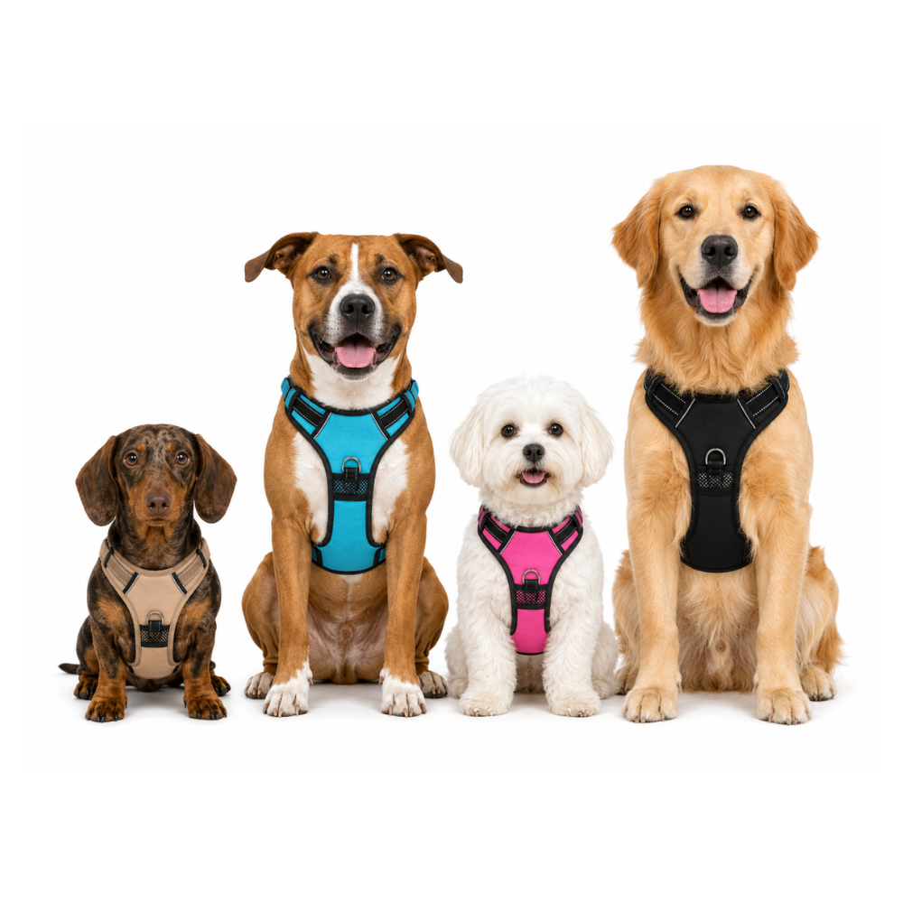 Four dogs of different sizes and breeds sit in a row, each wearing a colorful harness.