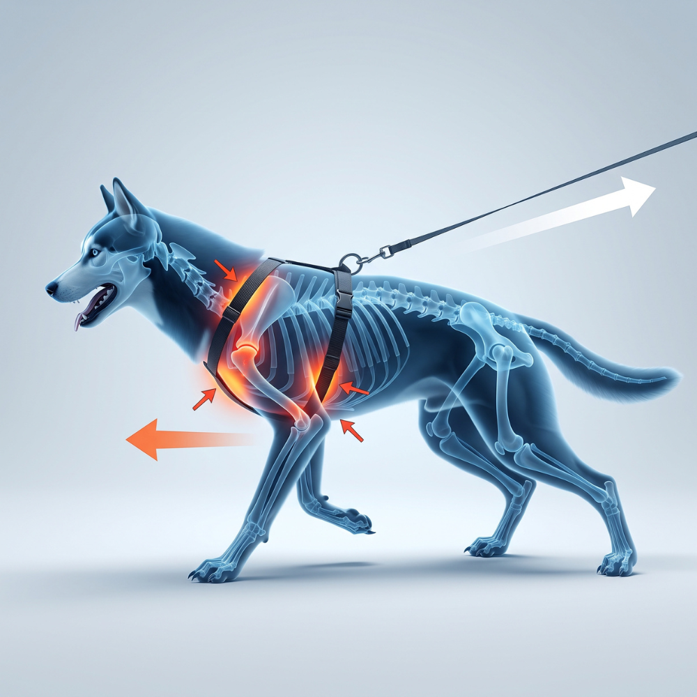 An X-ray style diagram of a dog in a harness showing pressure points on its skeleton.