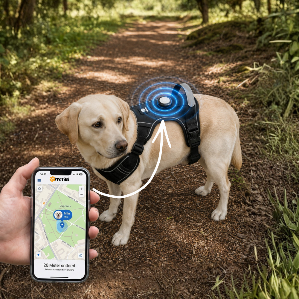 A person tracks a dog on a smartphone app connected to a GPS device on its harness.