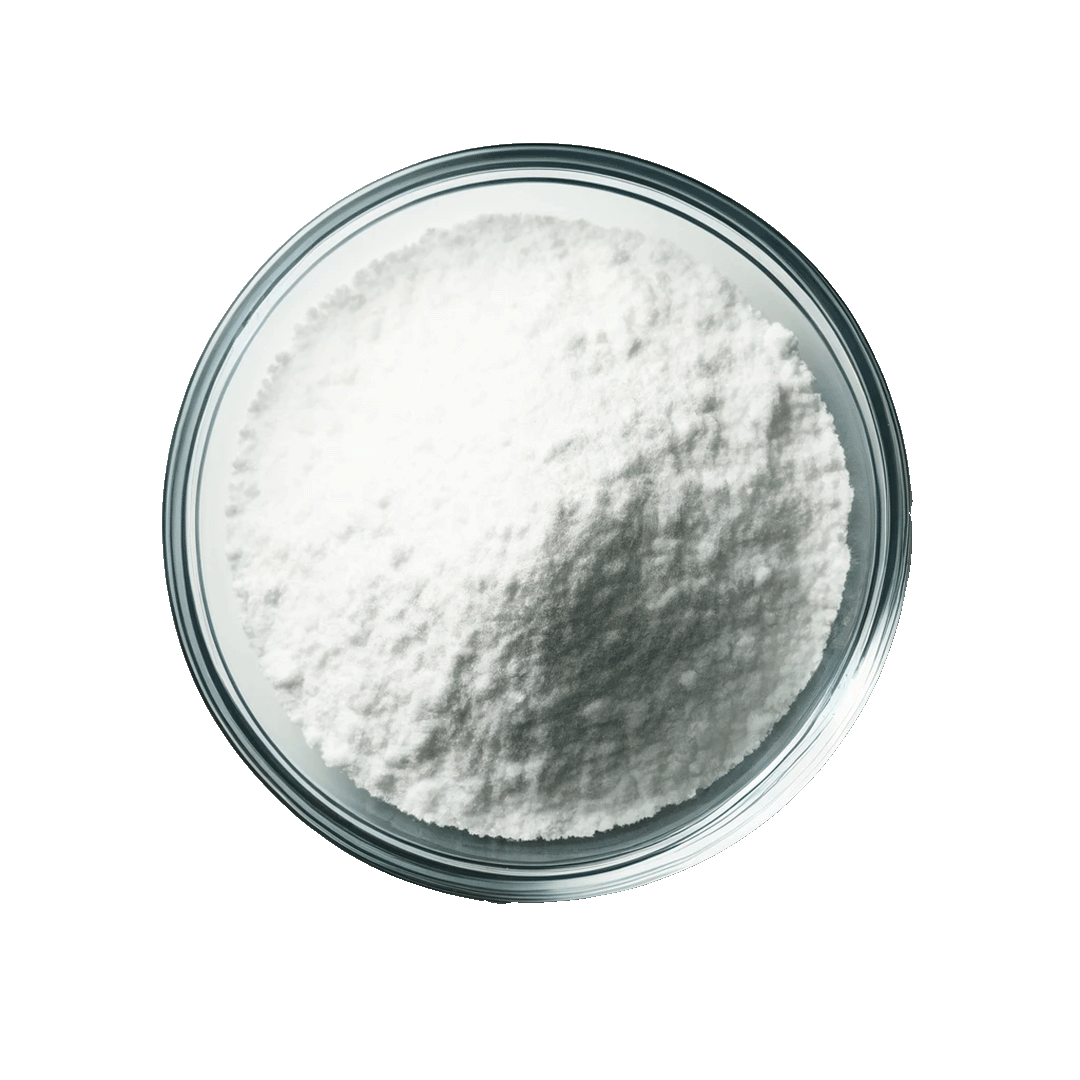 A glass bowl filled with white powder on a white background.