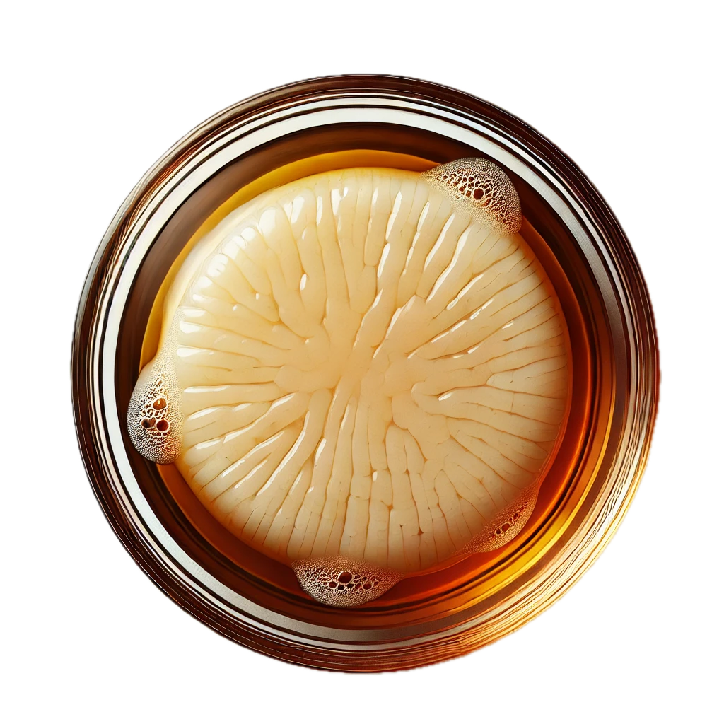 Top view of a kombucha SCOBY in a glass jar with liquid.